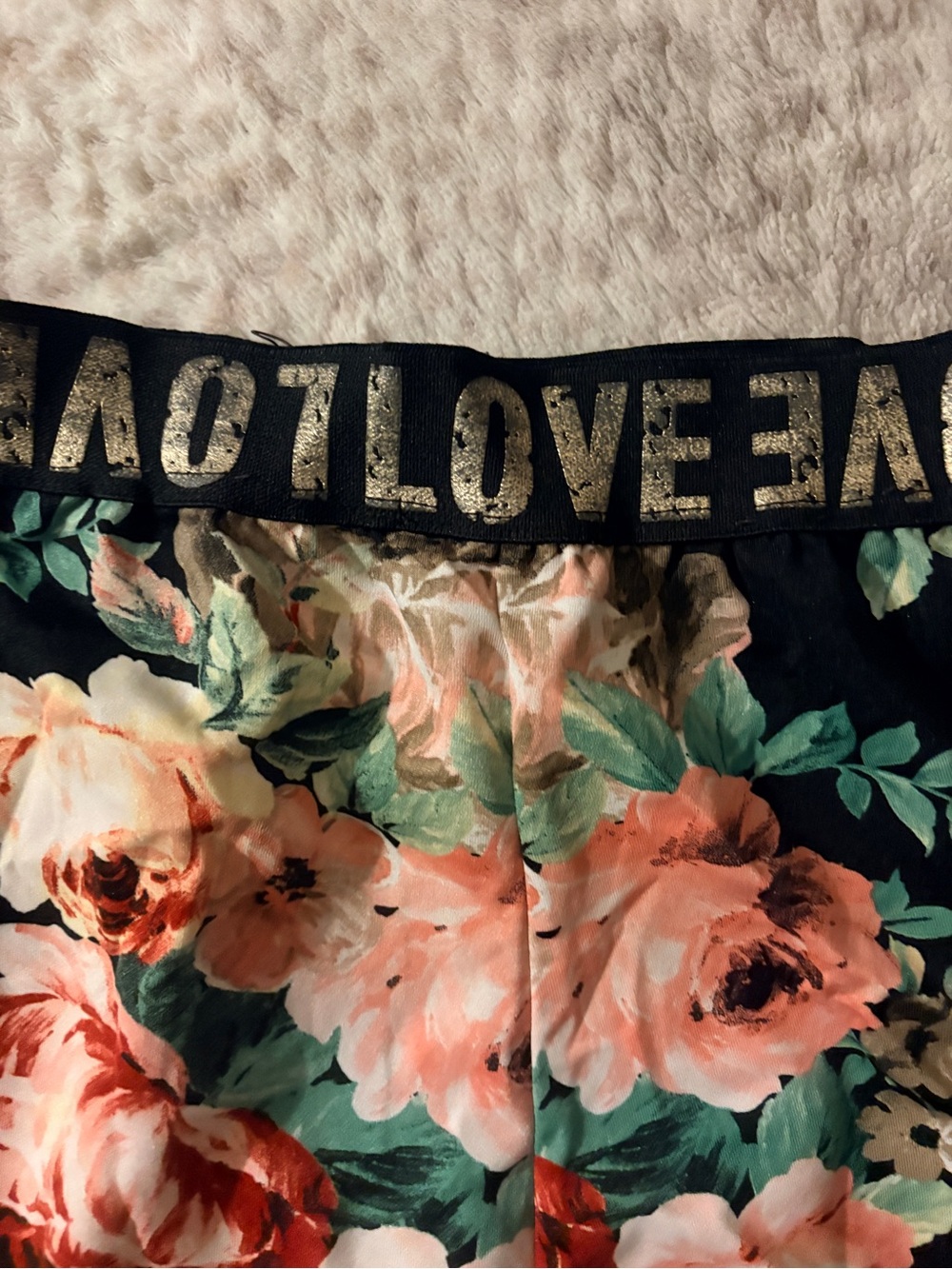 Fashion Nova Floral Athletic Shorts with Gold 'LOVE' Waistband